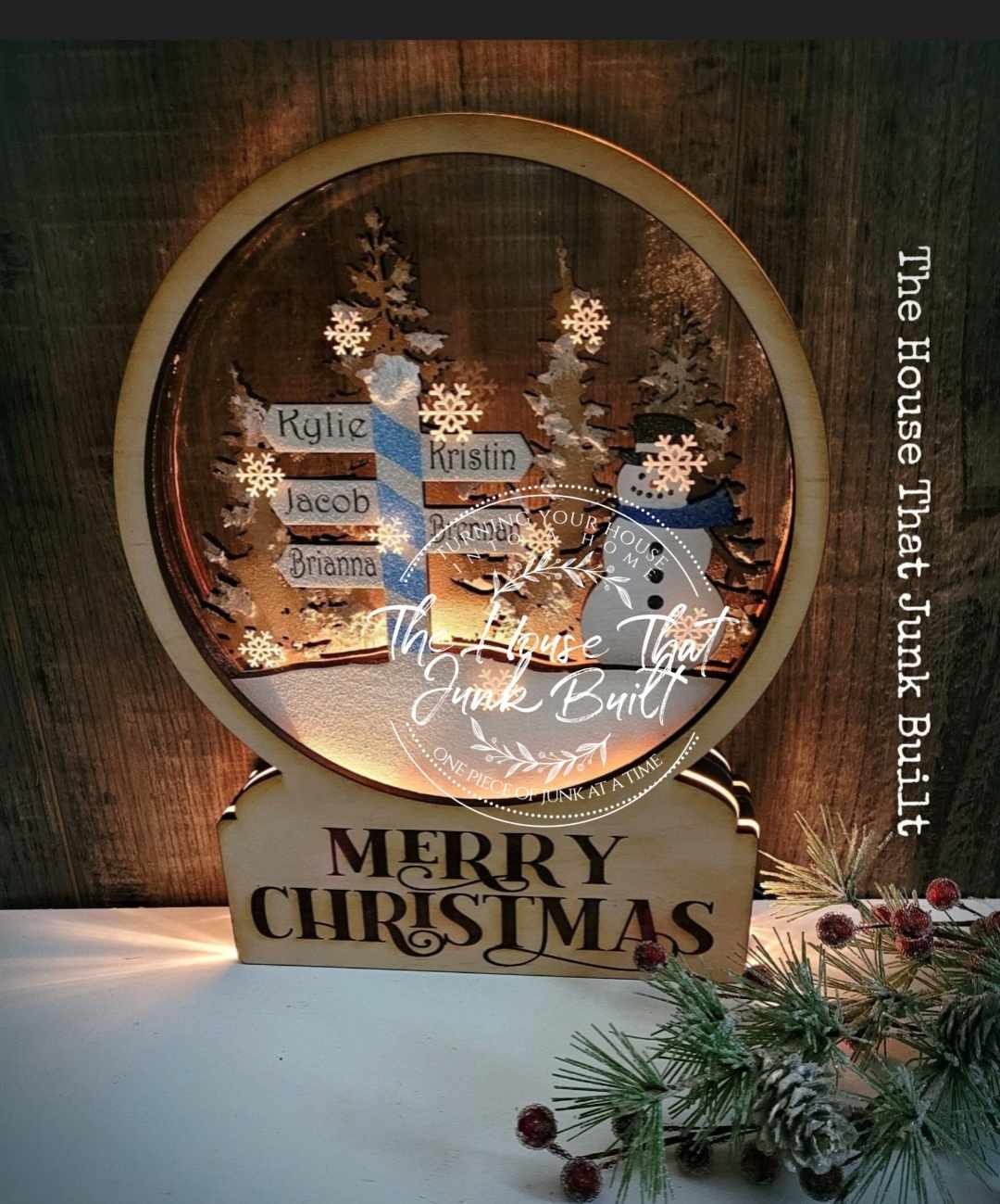 Merry Christmas custom Family Names Wood Snowglobe
