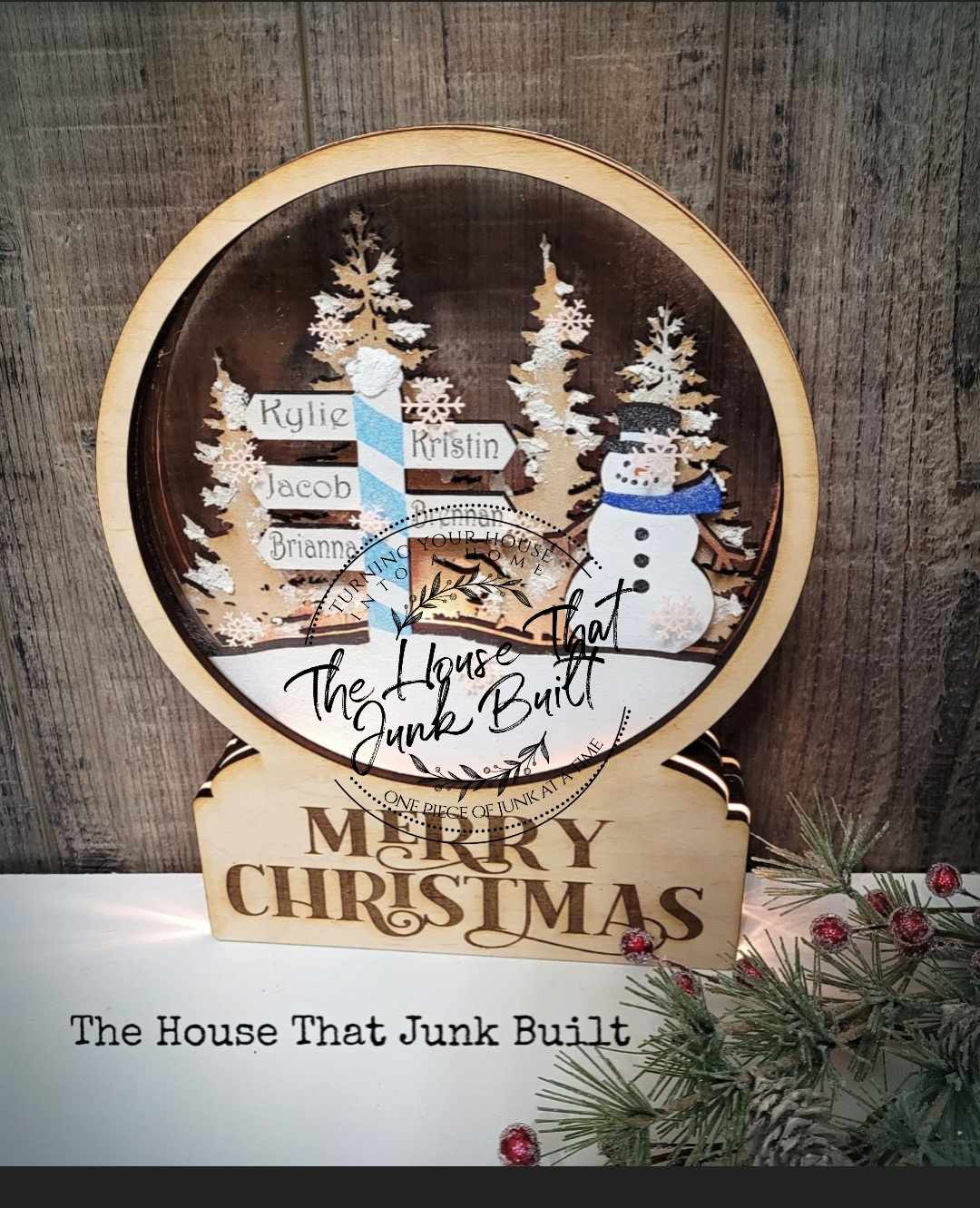 Merry Christmas custom Family Names Wood Snowglobe
